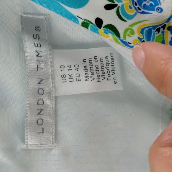 London Times Cecilia shift dress turquoise yellow tile print size 10 sleeveless - Picture 4 of 7